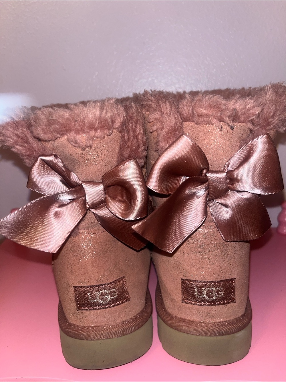 UGG pink metallic mini Bailey Bow satin bows back